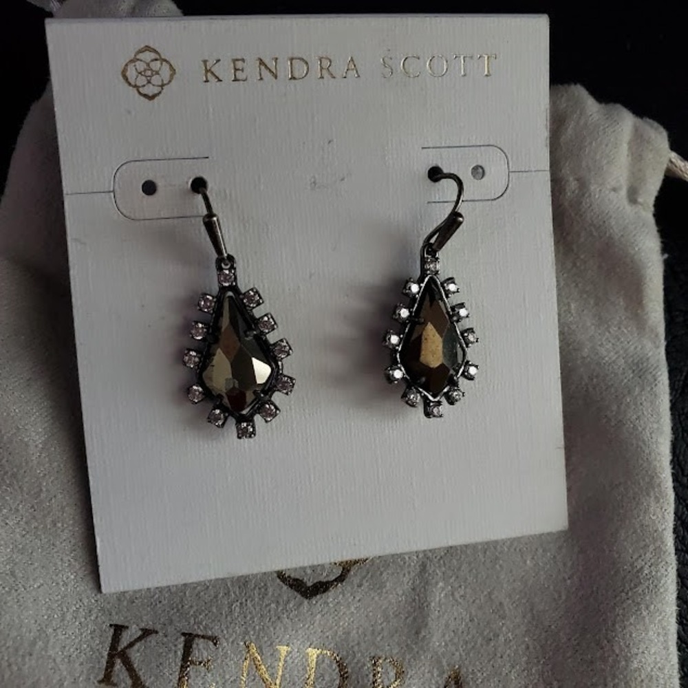 Kendra Scott Bronze Tone Drop Earrings Bronze Dangle Clear Crystals Edgy - Picture 5 of 7